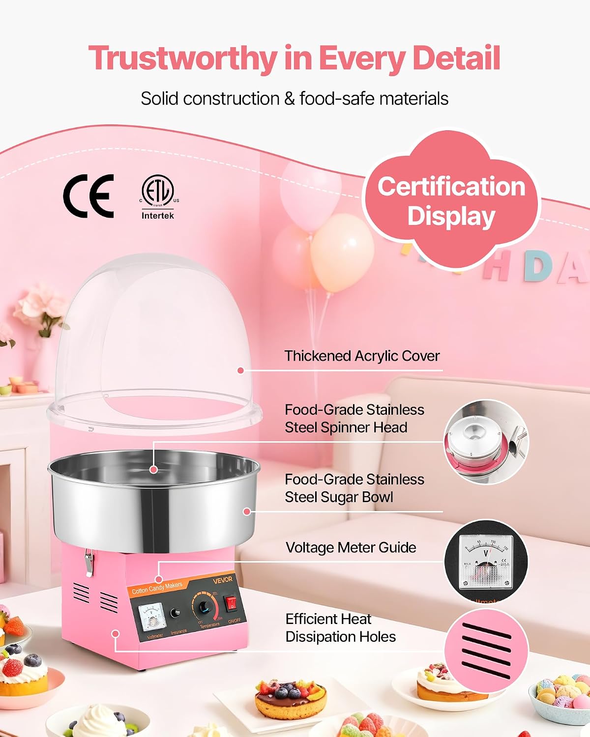 VEVOR Electric Cotton Candy Machine, 1000W Commercial Floss Maker With Cover, Commercial Cotton Candy Machine w/Stainless Steel Bowl & Sugar Scoop, Ideal for Carnival, Birthday, Family Party, Pink