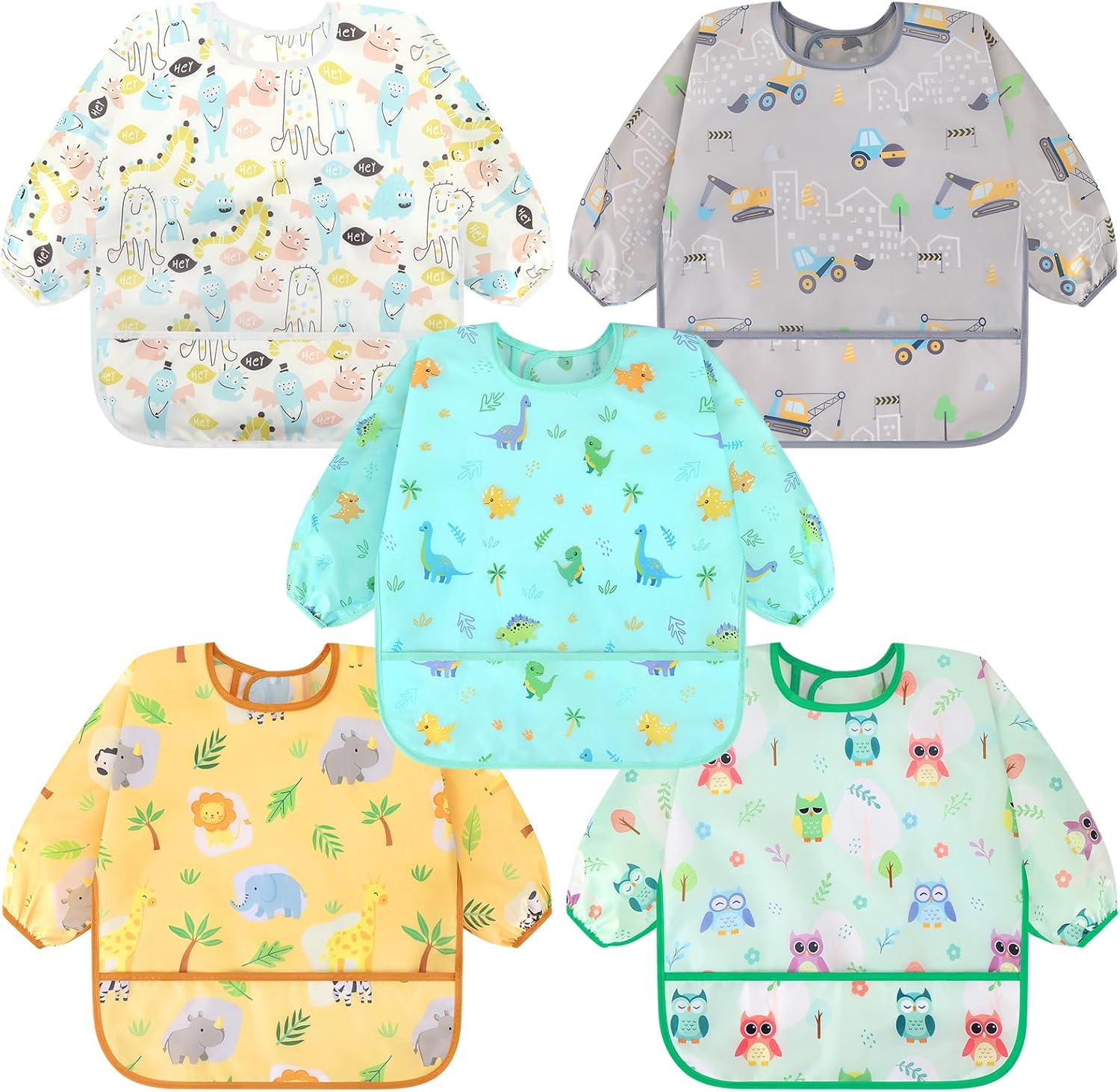 Accmor 5 Pack Long Sleeve Bibs, Baby Smock Waterproof Sleeved Bib Smock for Baby Toddler 6-36 Months