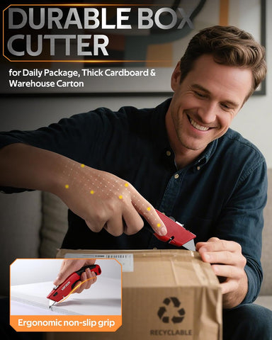 Box Cutter Utility Knife, [2-in-1] Retractable Box Cutter, Safety Heavy Duty Sharp Razor Knife for Home & Warehouse Cardboard, Blade Storage, with Extra Razor & Hook Blades, 2 Pack-Black+Red