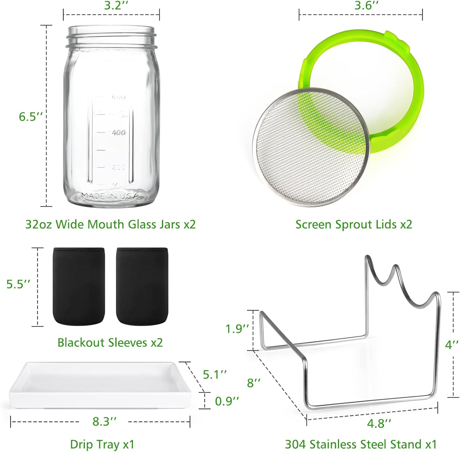 Kitmiido Seed Sprouting Kit, 2 Large Wide Mouth Mason Jars with Sprout Lids, Blackout Sleeves, Drain Tray, Stainless Steel Stand, Sprouts Growing Kit for Bean, Broccoli, Alfalfa (Yellow+Green)