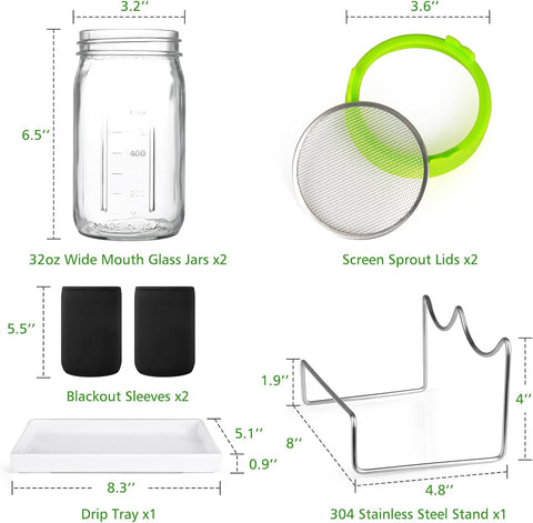 Kitmiido Seed Sprouting Kit, 2 Large Wide Mouth Mason Jars with Sprout Lids, Blackout Sleeves, Drain Tray, Stainless Steel Stand, Sprouts Growing Kit for Bean, Broccoli, Alfalfa (Yellow+Green)