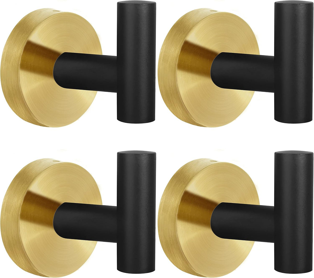 4 Pack Robe Towel Hooks Coat Black Gold Wall Hook Stainless Steel Heavy Duty Door Hanger Towel Robe Clothes Cabinet Closet Sponges Hook for Bathroom Bedroom Kitchen Hotel Pool