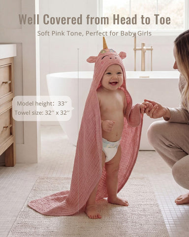 Blissful Diary Muslin Baby Hooded Towel 2 Pack, Soft & Absorbent Bath Towel for Infant, Toddler, Unisex, Baby Gift, Newborn Essentials, Unicorn & Lamb