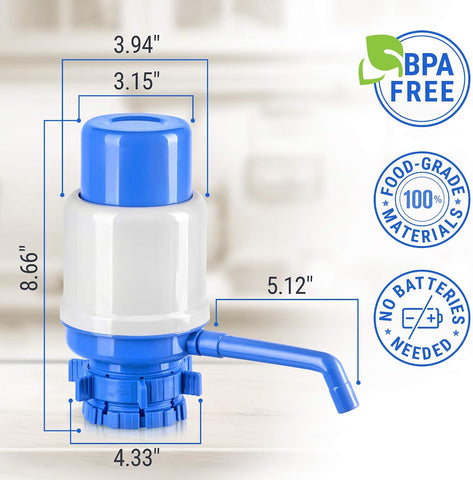 HotFrost Manual Water Pump for 5 Gallon Jug & Bottle – Non-Electric 5 Gallon Water Dispenser, Universal Hand Pump with 3 Adjustable Tubes, 53mm Screw Top Adapter, Spout Cap & Cleaning Brush, BPA-Free