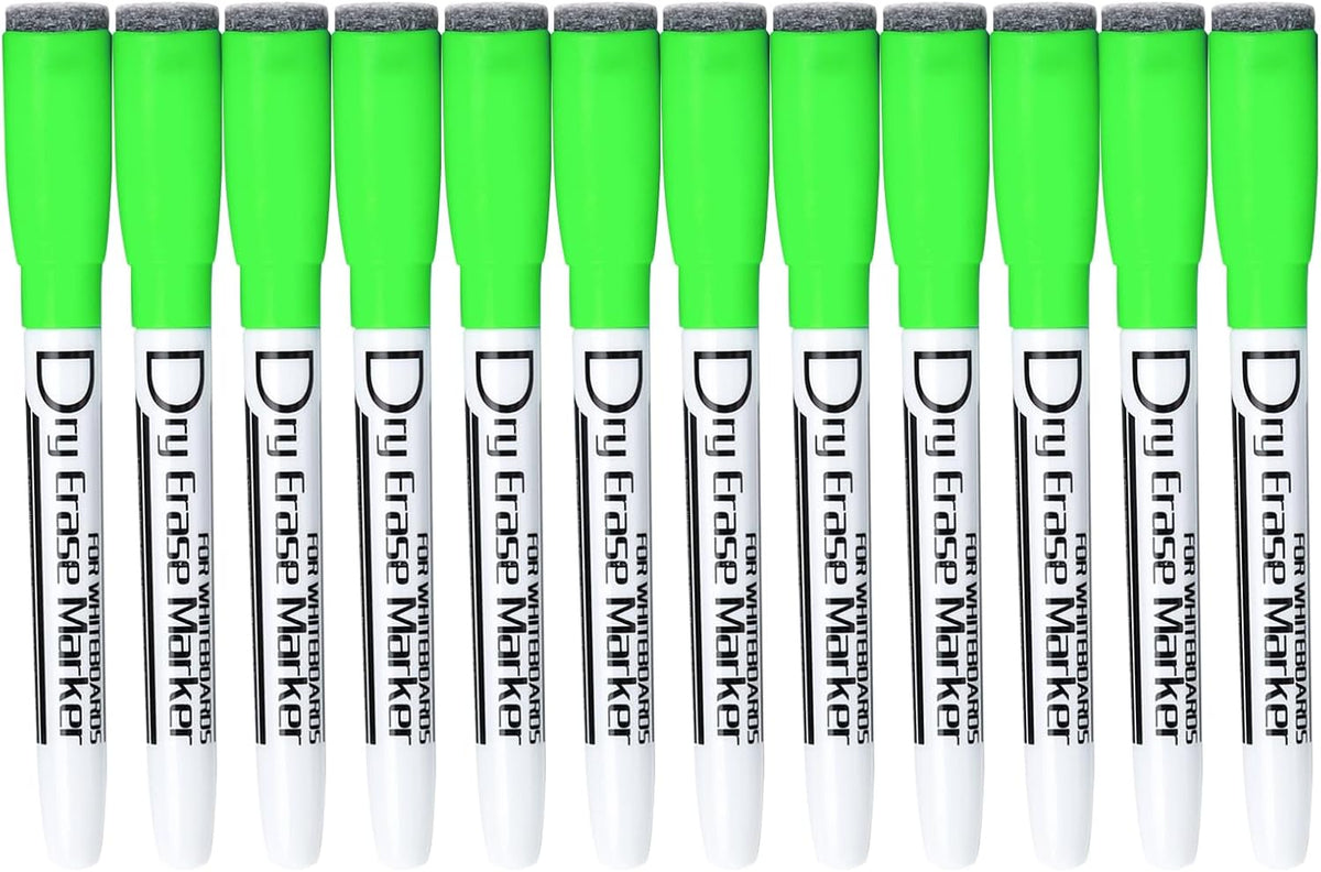 Volcanics Magnetic Green Dry Erase Markers with Eraser Cap, Fine Tip, 12 Count
