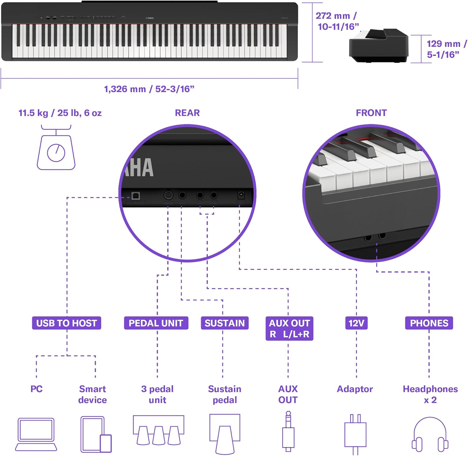 Yamaha P225 88-Key Digital Piano with Weighted Keys, Portable Design, Keyboard, Music Rest, Sustain Foot Switch, and Built-In Speakers, White (P225WH)