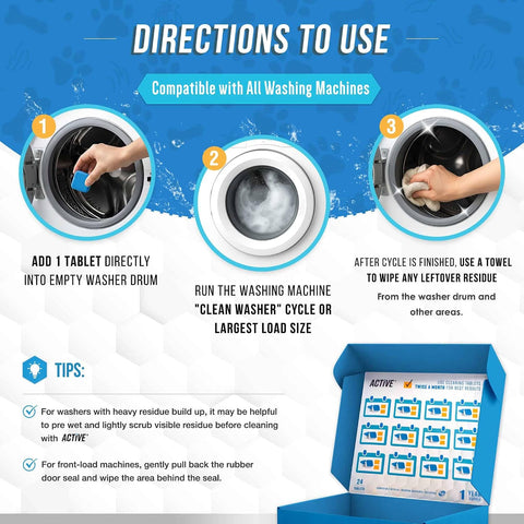 ACTIVE Washing Machine Cleaner for Pet Owners Enzymatic Deep Clean Descaler for Cat & Dog Hair, Urine, Odor, Residue, 24 Septic-Safe Tablets for Top Load, Front Loader, HE Washer Tub - 1 Year Supply