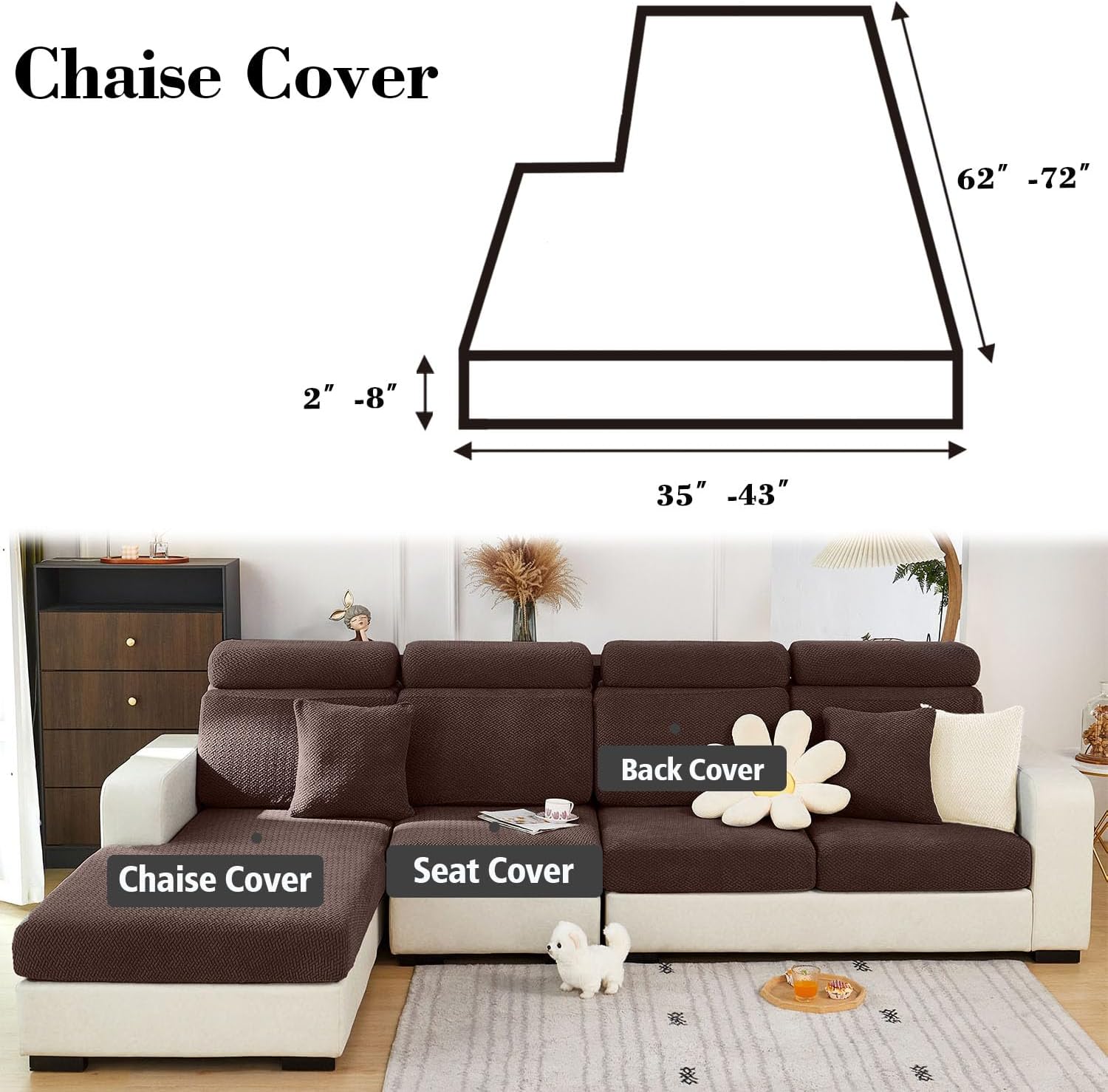 Soothing Home Sofa Covers, Sofa Hero Covers for Couch, Couch Cushion Covers, Sofa Covers Washable Sectional Couchs Covers Stretch Slipcovers for Pets (Brown,Chaise Cover)