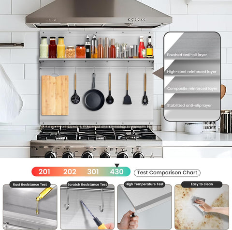 30" x 24" Stainless Steel Stove Backsplash, Kitchen Wall Splash Guard Protector with Built‑in Shelf & Hanging Rack, Easy‑to‑Clean Range Backsplash