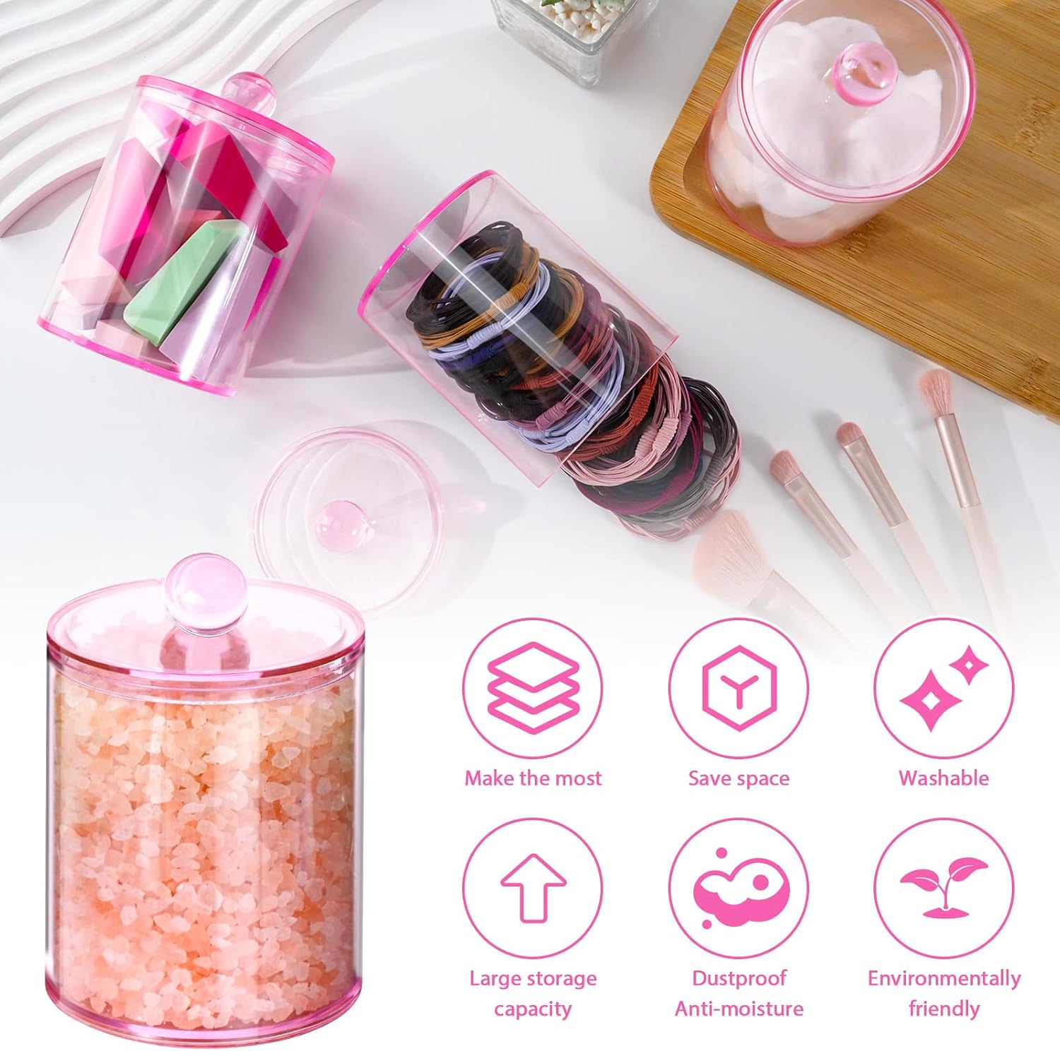 2 Pcs Acrylic Qtip Holder, Cotton Ball Holder Jars with Lids, Pink