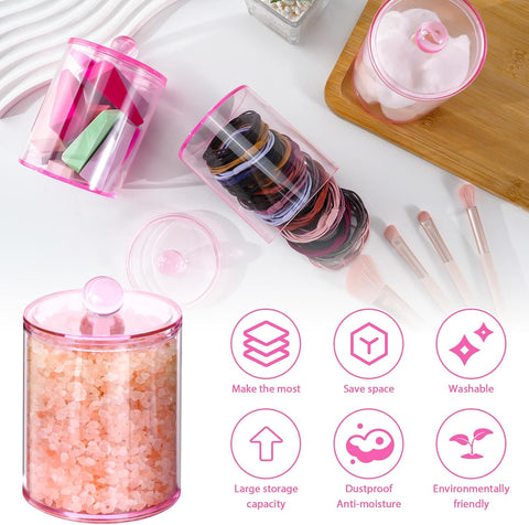 2 Pcs Acrylic Qtip Holder, Cotton Ball Holder Jars with Lids, Pink