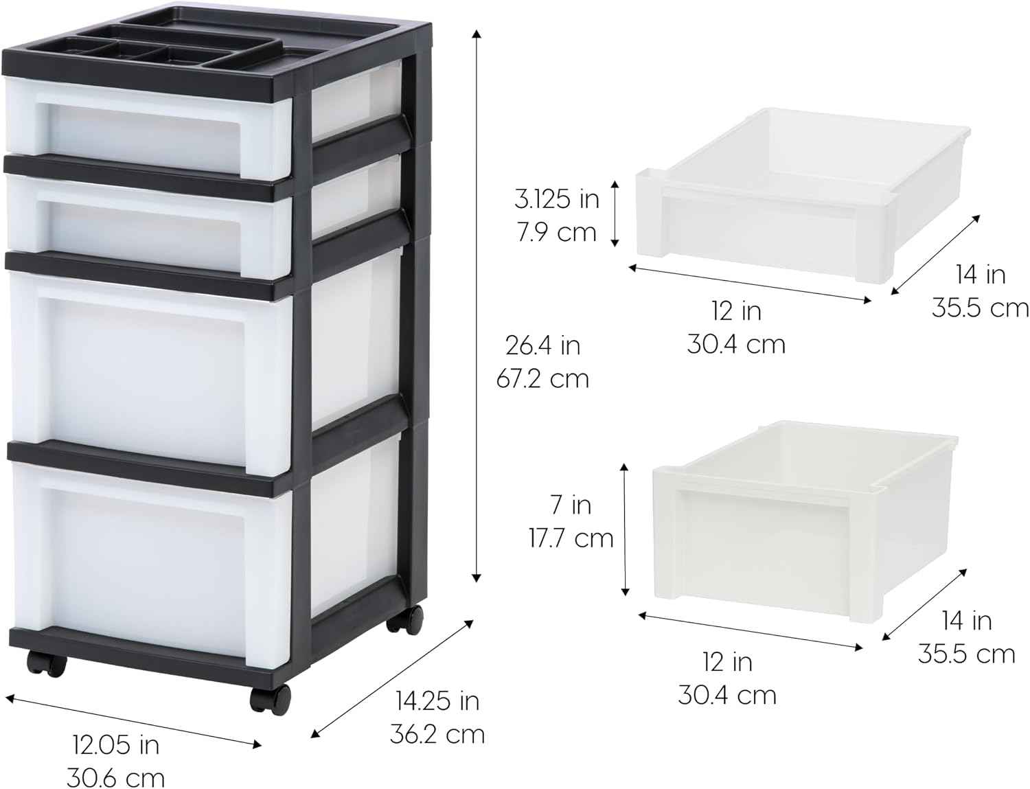IRIS USA 4-Drawer Rolling Storage Cart with Organizer Top, Black/Pearl | Keep craft supplies, office essentials, classroom items, and accessories organized with easy-access drawers for daily use