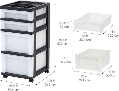 IRIS USA 4-Drawer Rolling Storage Cart with Organizer Top, Black/Pearl | Keep craft supplies, office essentials, classroom items, and accessories organized with easy-access drawers for daily use