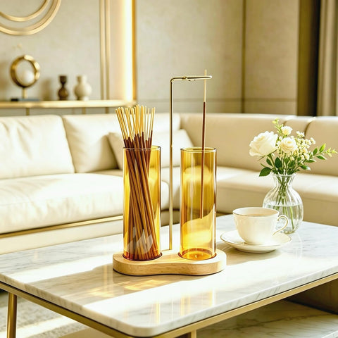 Yellow Glass Incense Holder, Incense Sticks Burner Holder with Storage,Hang Upside Down Incense Holder for Sticks with Glass Ash Catcher for Meditation Yoga Spa Room Decor (Yellow)