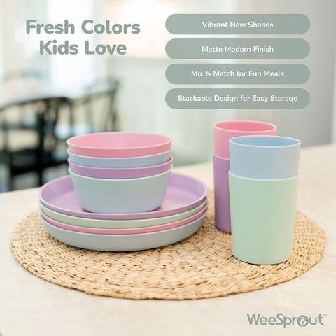 WeeSprout Bamboo Plates, Set of 4, Kid-Sized Dinnerware, Dishwasher Safe Melamine Dishware (Pastel Blue, Mint, Purple & Pink, Without Lids)
