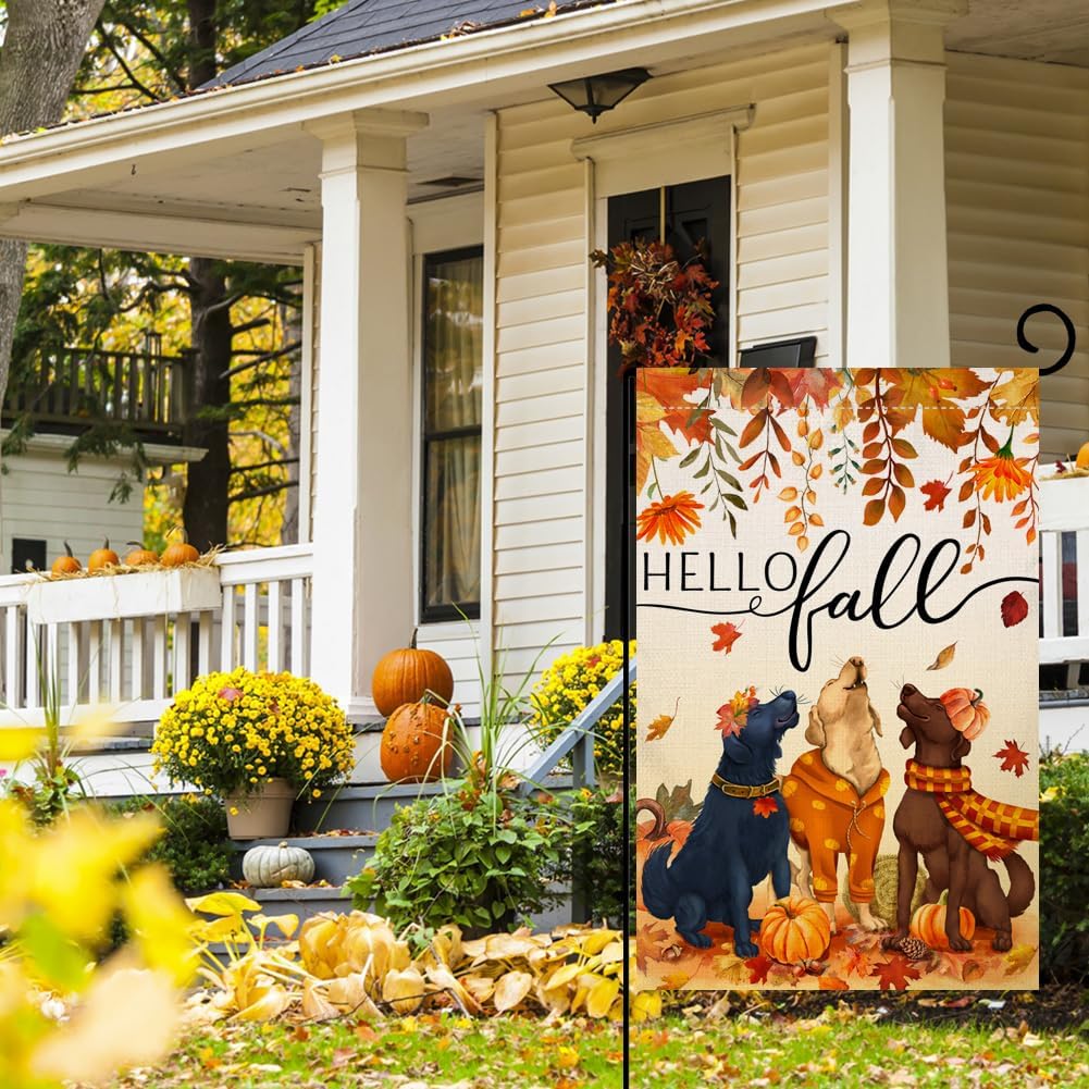 Fall Dogs Garden Flag 12x18 Double Sided Leaves Holiday Yard Decor