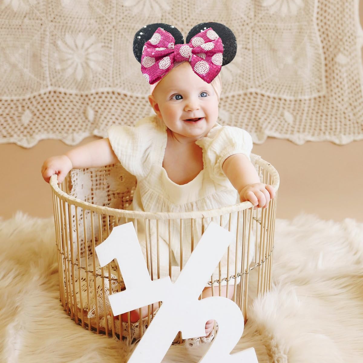 2PCS Baby Girl Rose Red Blue Headbands Mouse Ear Nylon Sequins Headbands