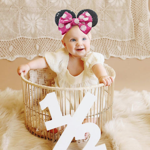 2PCS Baby Girl Rose Red Blue Headbands Mouse Ear Nylon Sequins Headbands