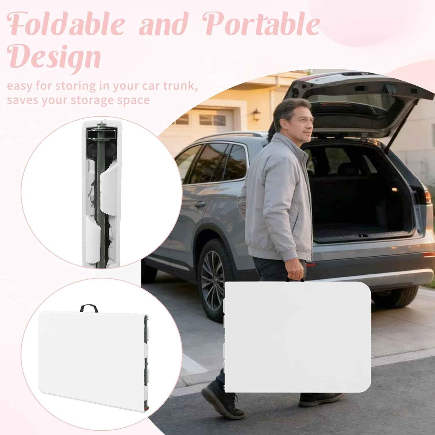 2 Pack 5 Feet Portable Folding Table White, Steel Legs Fold-in-Half with Carrying Handle Rectangular Plastic Foldable Table for Party, Wedding, Camping, Picnic, Dining, Indoor Outdoor Events (White)
