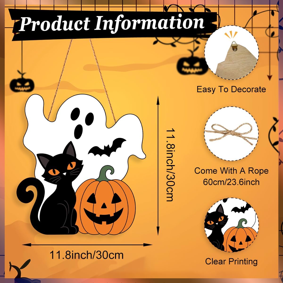 Halloween Ghost Wreath for Front Door Wooden Black Cat Pumpkin Door Decor