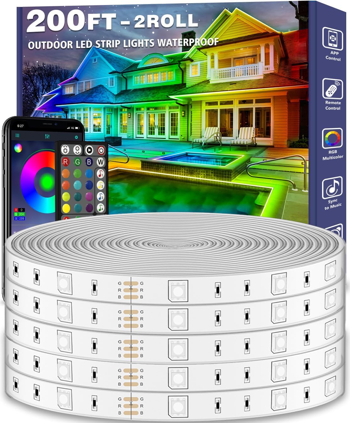AILBTON 200ft Outdoor LED Strip Lights Waterproof,IP68 Outside Led Light Strips Waterproof with Bluetooth App Remote Control,Music Sync RGB Exterior Led Rope Lights,for Balcony,Deck,Roof,Garden,Pool