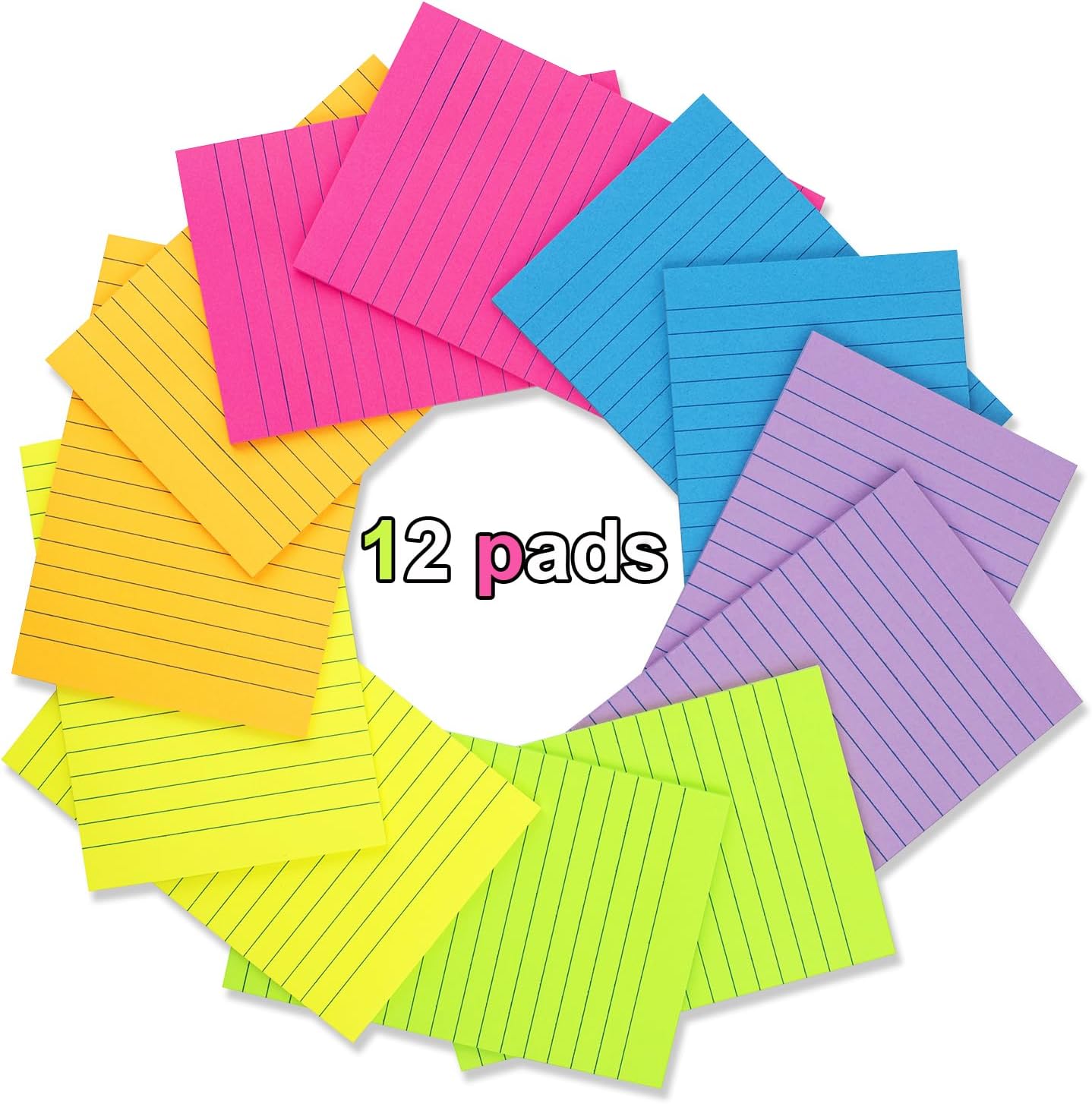 (12 Pack) Lined Sticky Notes 4x6 in,Bright Large Notepads with Lines