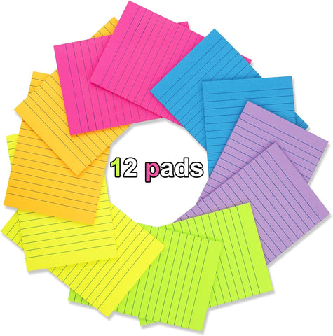 (12 Pack) Lined Sticky Notes 4x6 in,Bright Large Notepads with Lines