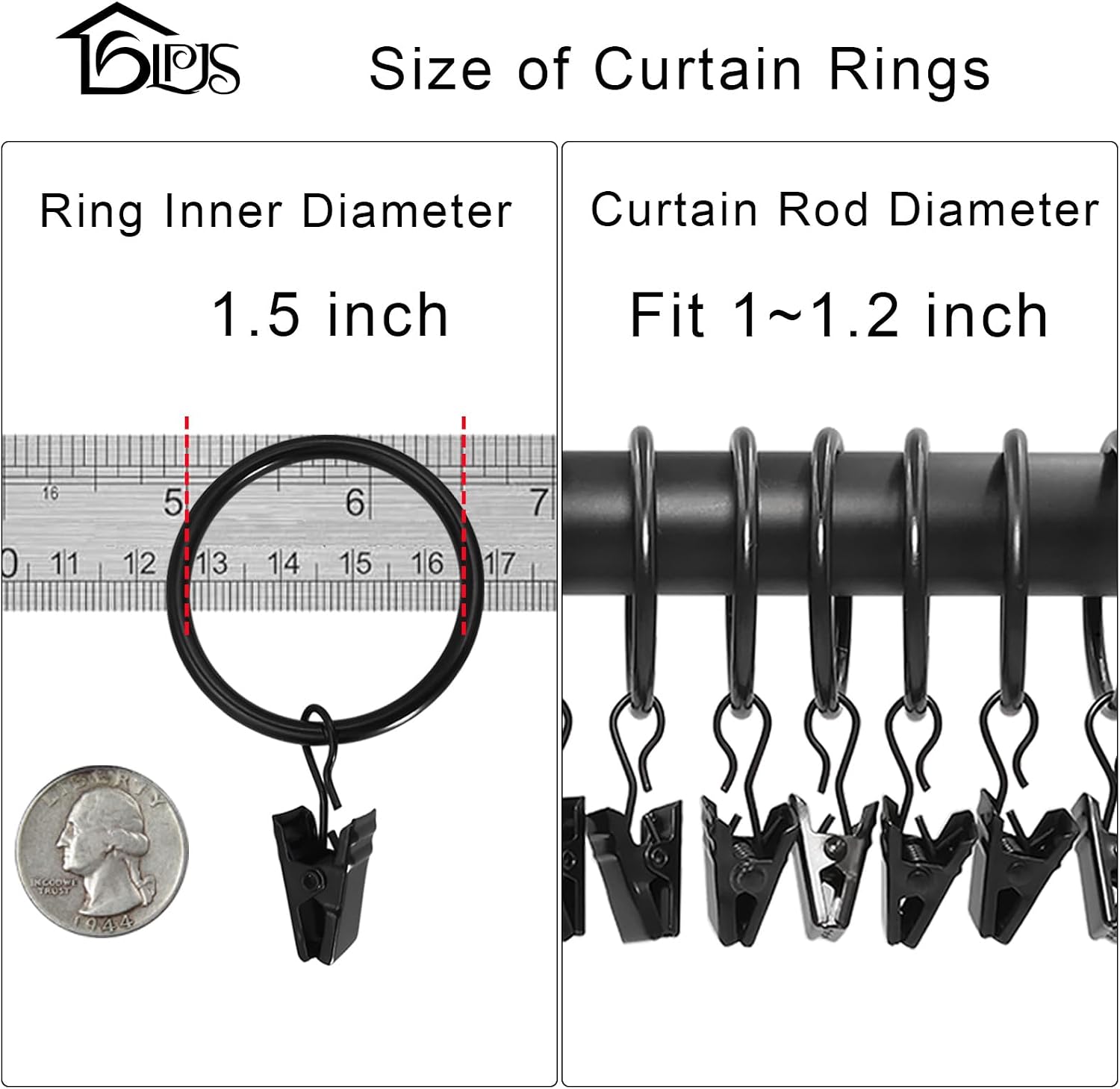 LLPJS Curtain Rings with Clips, 1.5 inch ID, 20 Pack, Black