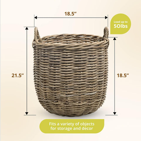 KOUBOO Rattan Kobo Round Storage Basket with Handles, Gray Brown, Large