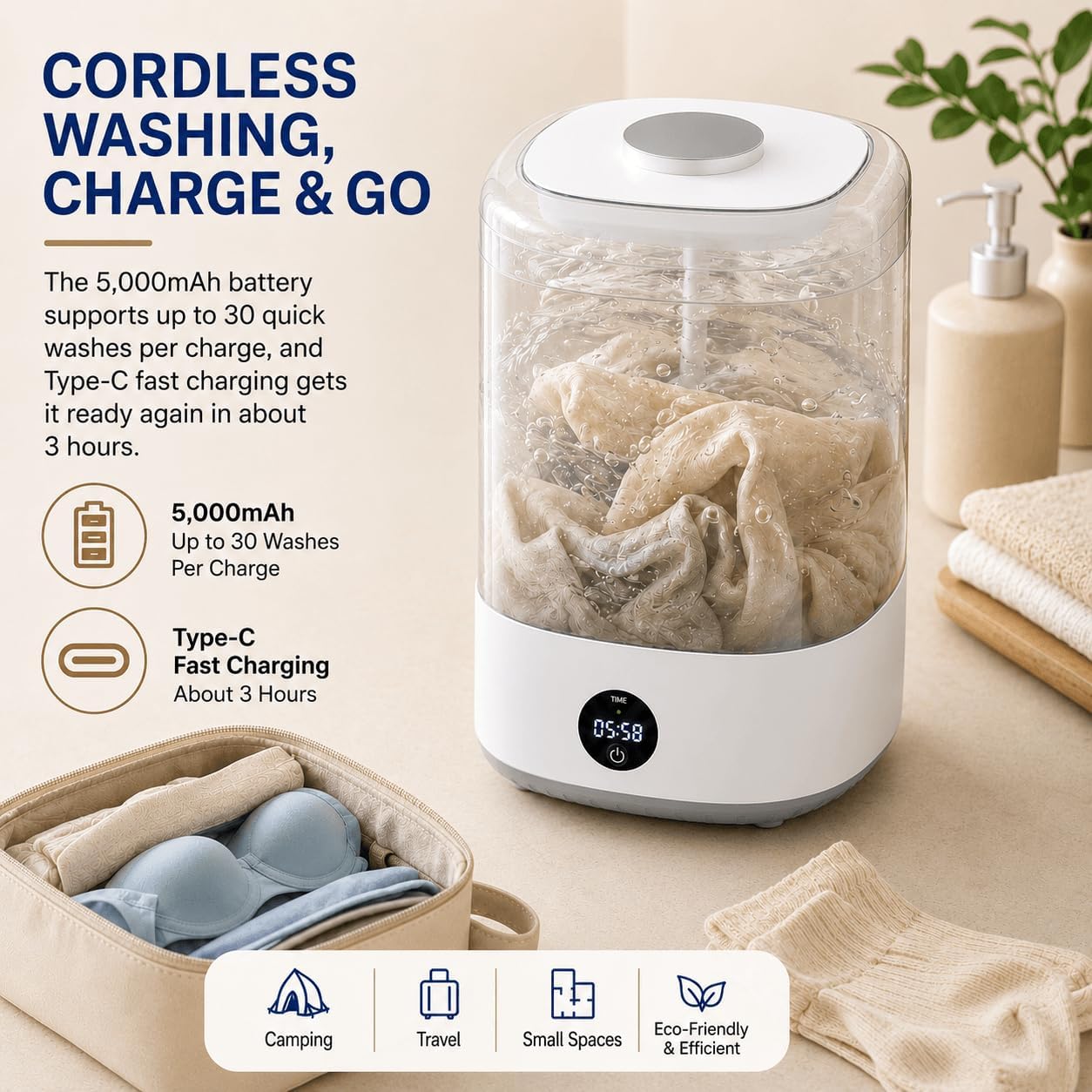 6L Rechargeable Mini Washing Machine, Cordless Underwear Washer
