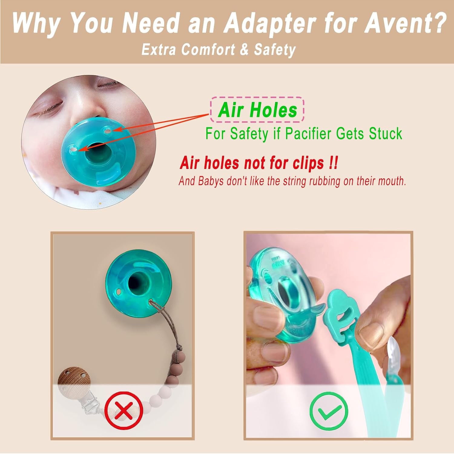Silicone Pacifier Clip with Adapter Ring for Philips Avent Soothie, 2 Pack One-Piece Soft Binky Clips Holder for Baby Girls Boys, Anti-Loss Paci Clips for Baby Shower Newborn Essentials,Pink Purple