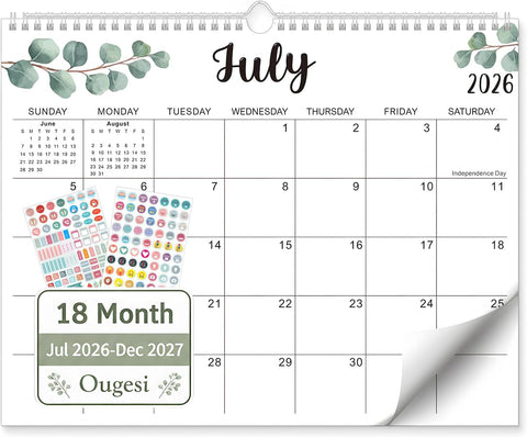 Wall Calendar 2026-2027, 18-Month Academic, Jul 2026-Dec 2027, 14x11