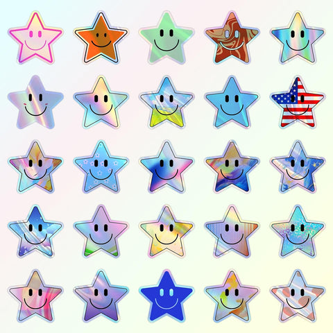50PCS Smile Holographic Stickers, Star Stickers