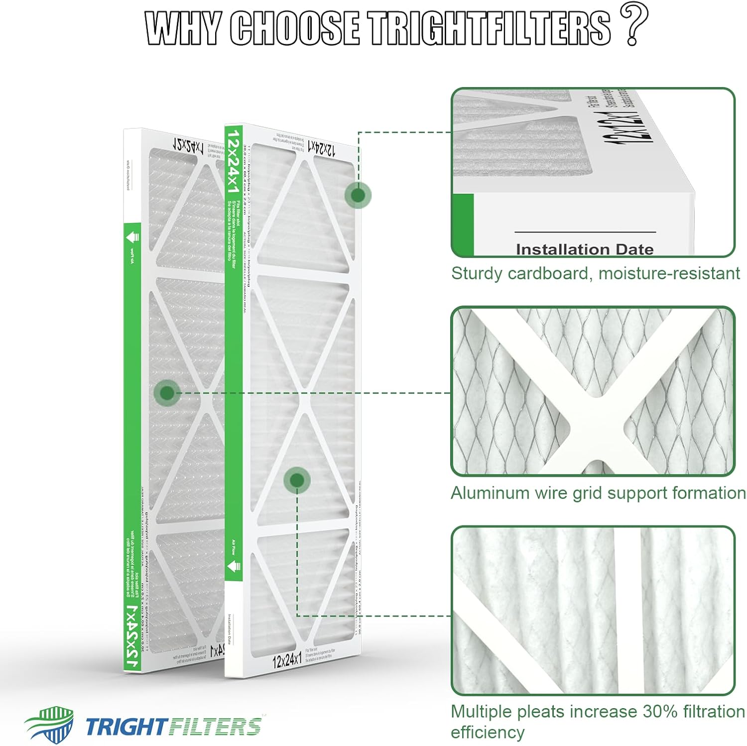 TRIGHTFILTERS 12x24x1 Air Filter 4 Pack, MERV 8 Pleated Dust Defense Air Filters Replacement Air Conditioner HVAC AC Furnace Filter, Durable and Lightweight