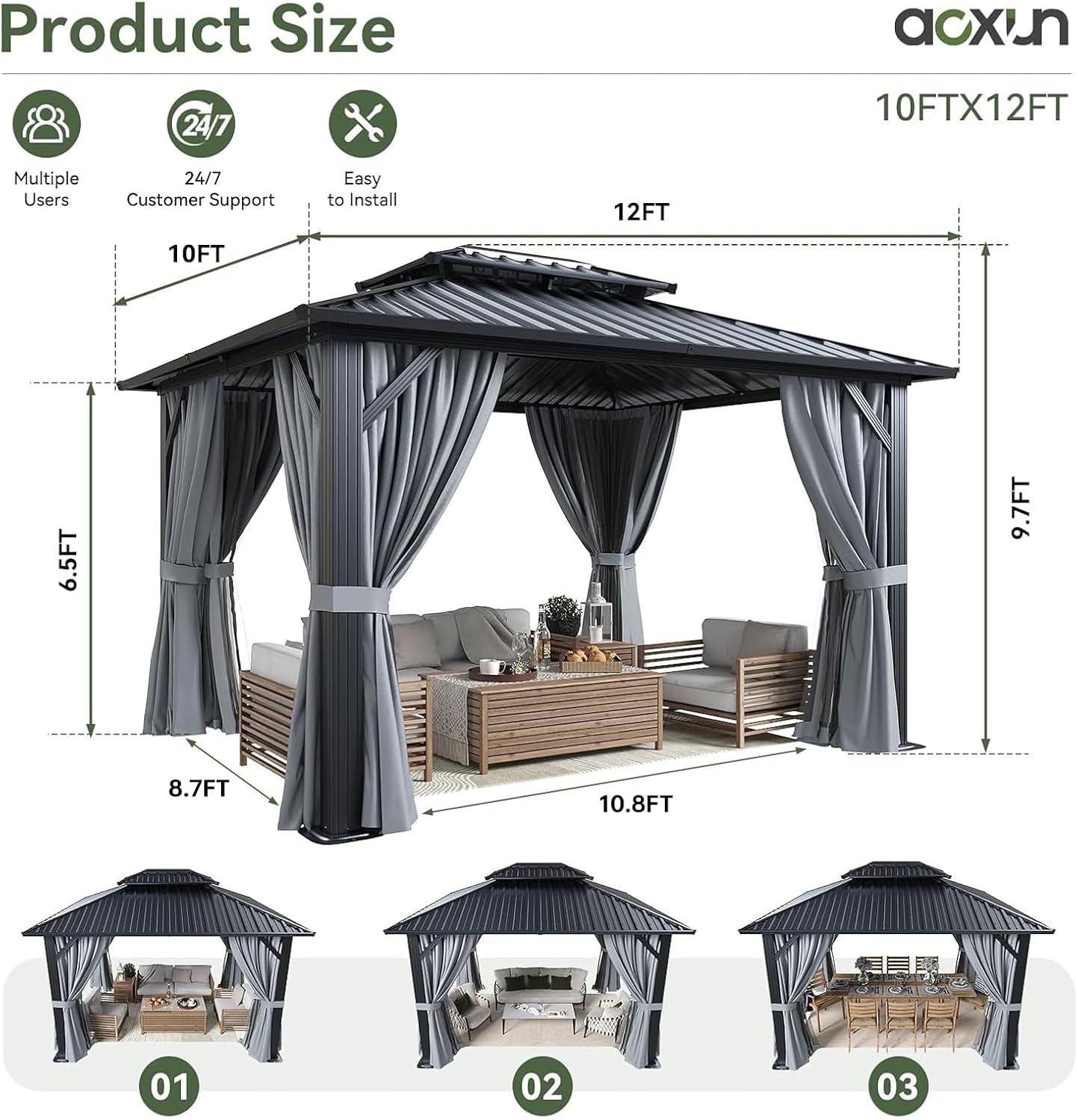 Aoxun Gazebo 10x12 Hardtop Gazebo with Double Galvanized Steel Roof, Gray