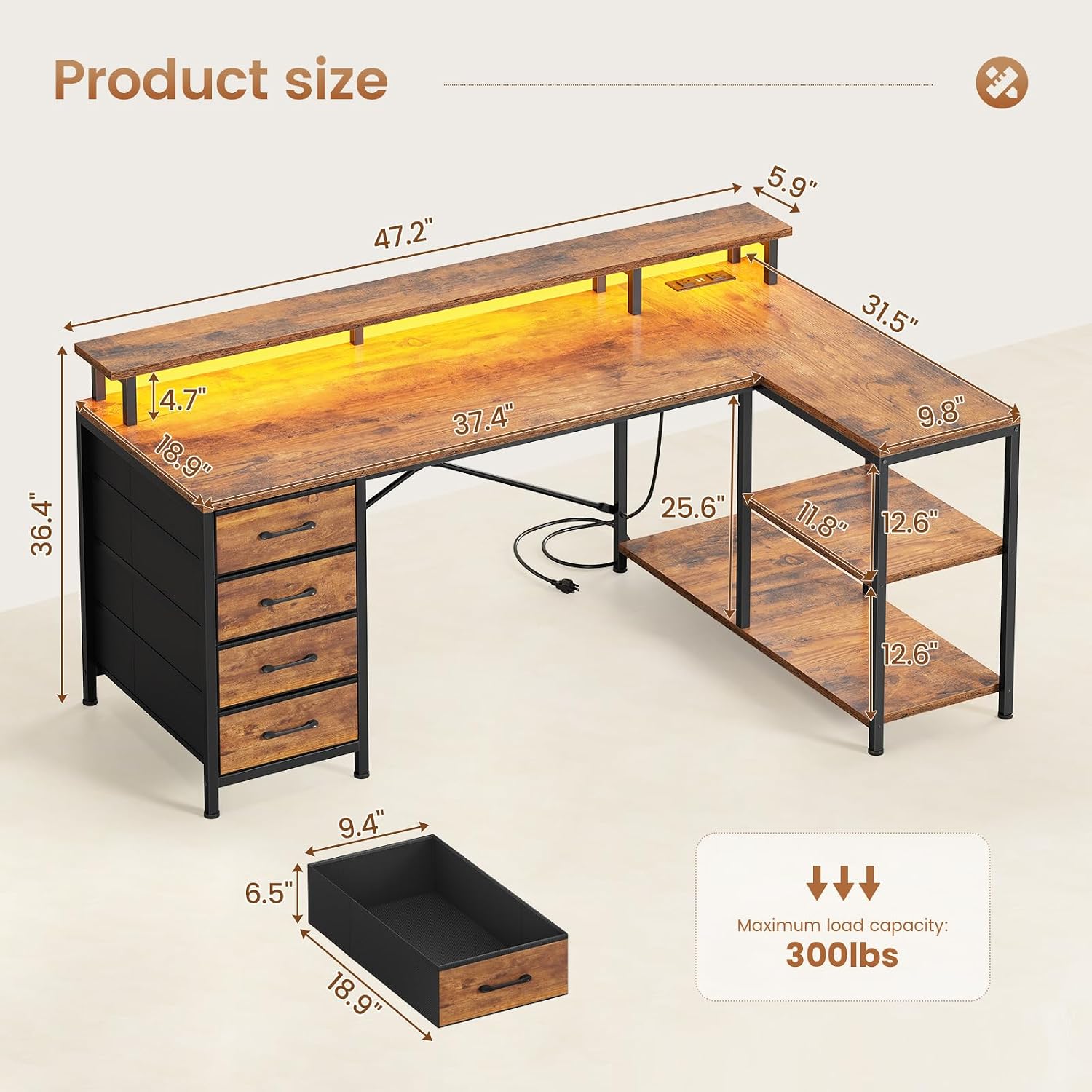 SEDETA L Shaped Desk with 4 Drawers, Shelves, Power Outlets, Rustic Brown