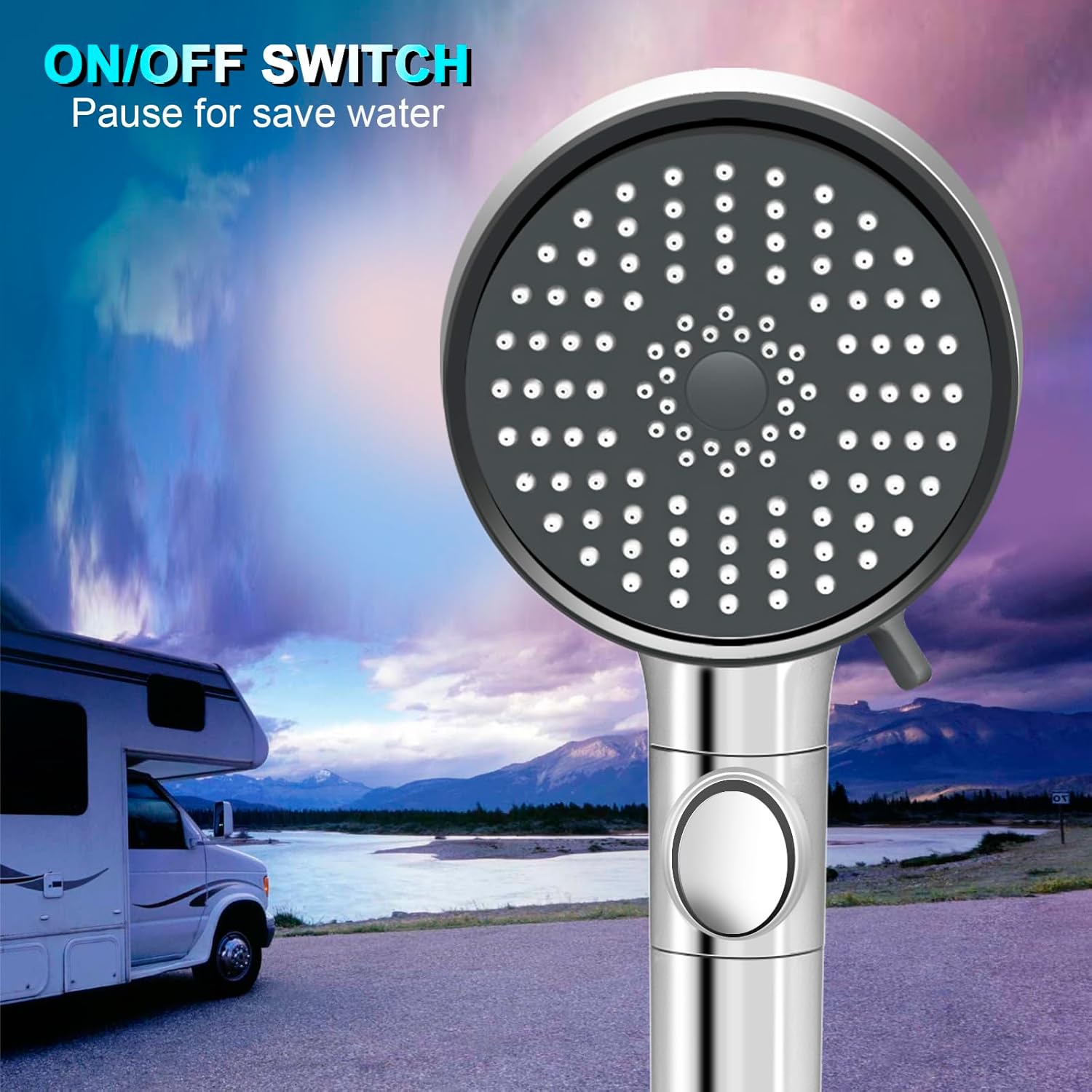RV Shower Head with Hose, High Pressure 5 Mode Shower head Replacement, Showerheads for RV/Campers, Travel Trailer, Motorhome for Water Saving, Handheld Shower Head Holder and Hose, On Off Switch