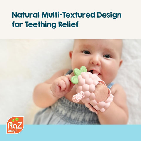 RaZbaby RaZberry Grip Silicone Teether Toy for 3M+ | Drop Resistant Hand Held Teether for Babies and Infants - Designed by Nature with Our Patented BerryBumps Multitextured Design | 3M+, Red