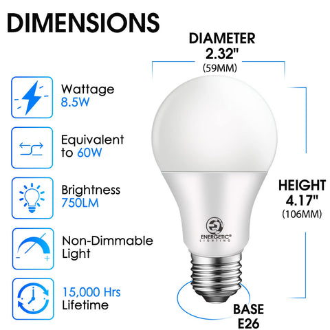 Energetic 24-Pack A19 LED Light Bulb, 60 Watt Equivalent, Daylight 5000K, E26 Medium Base, Non-Dimmable LED Light Bulb, UL Listed