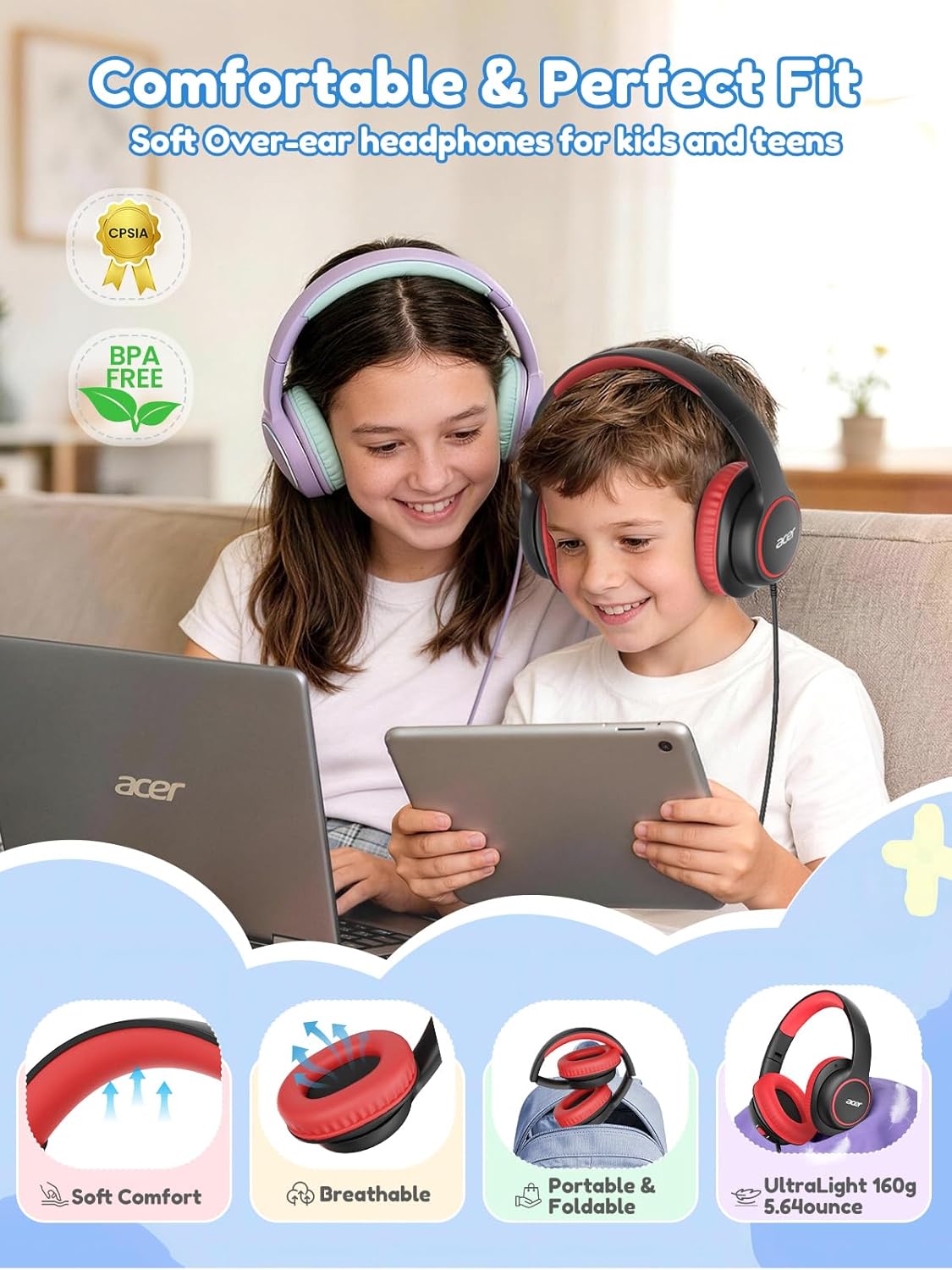 Acer OHW328 2 in 1 Kids Headphones Wired for School - 3.5mm & USB-C Jack