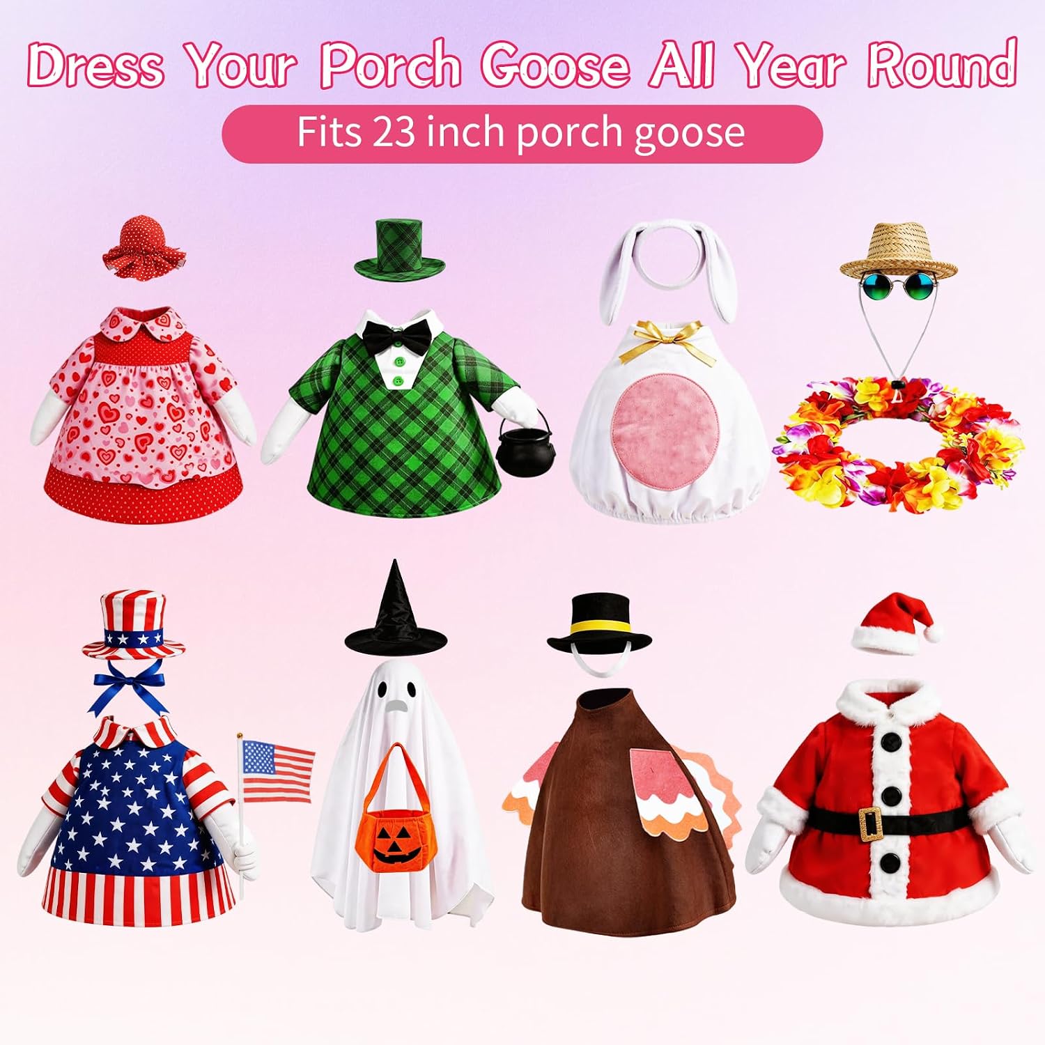 8 Set Porch Goose Outfits Holiday Goose Clothes - Valentine St. Patrick Easter Summer 4th of July Fall Halloween Christmas Lawn Porch Goose Clothing for Patio Yard Decor