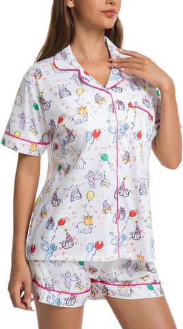 Womens Pajamas Set Shorts Button Down 2 Piece Monkey Bunny Y2k Roller Dupes Rabbit Preppy Lounge Pjs Comfy Sleep Wear