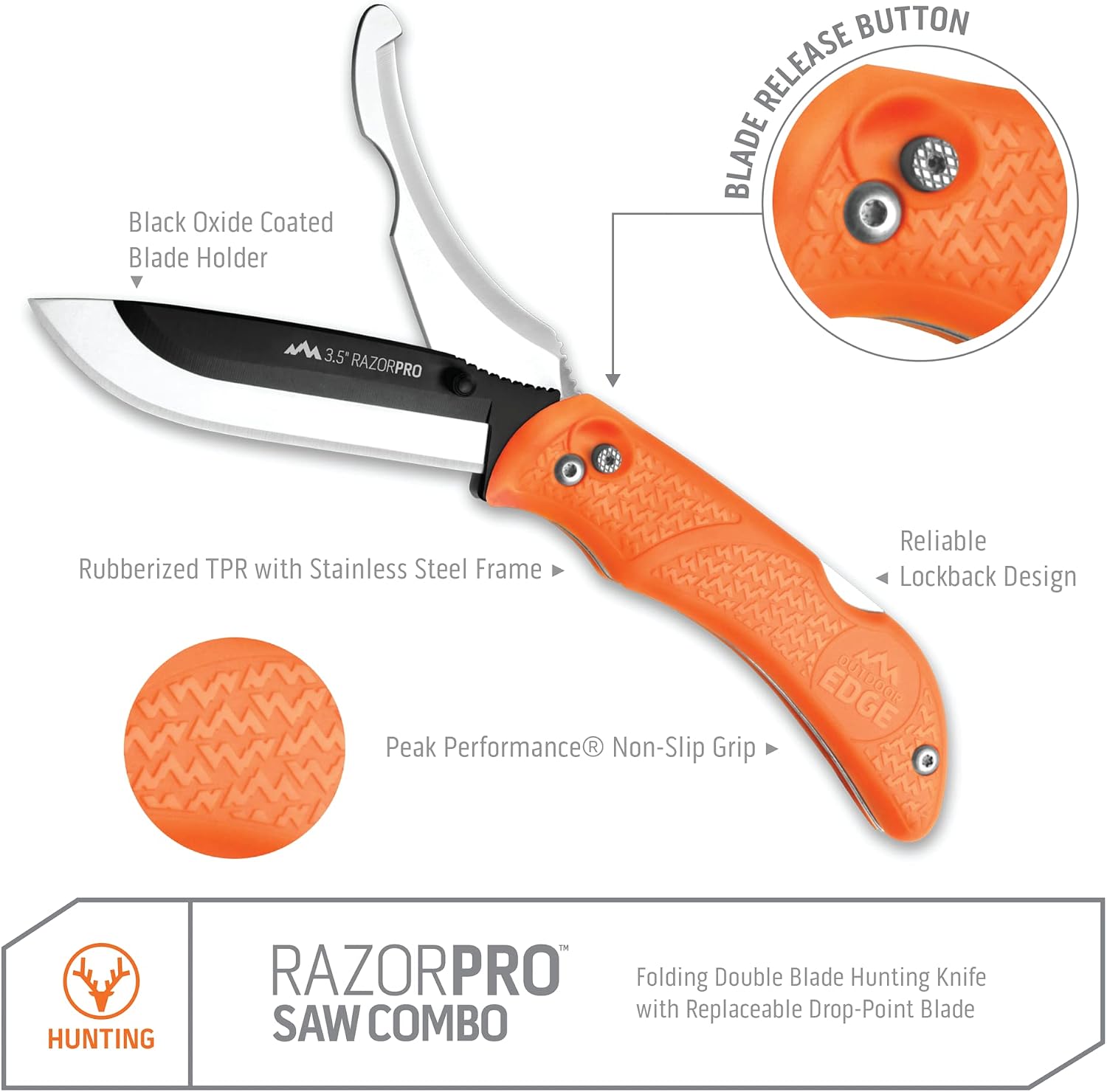OUTDOOR EDGE RazorPro Double Blade Hunting Knife with Flip N’ Zip Bone Saw – Folding Knife with Gutting Blade & Replaceable RazorSafe Skinning Edge, Includes Camo Nylon Sheath