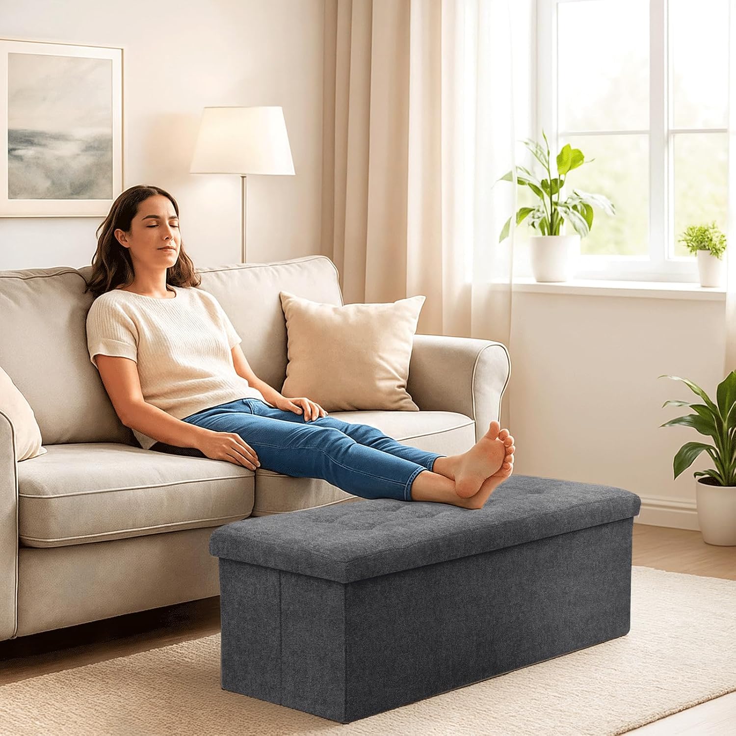 Storage Ottoman Bench, 43 Inch Ottoman Foot Rest, End of Bed Bench, Storage Chest for Living Room, Bedroom, Entryway, Gray