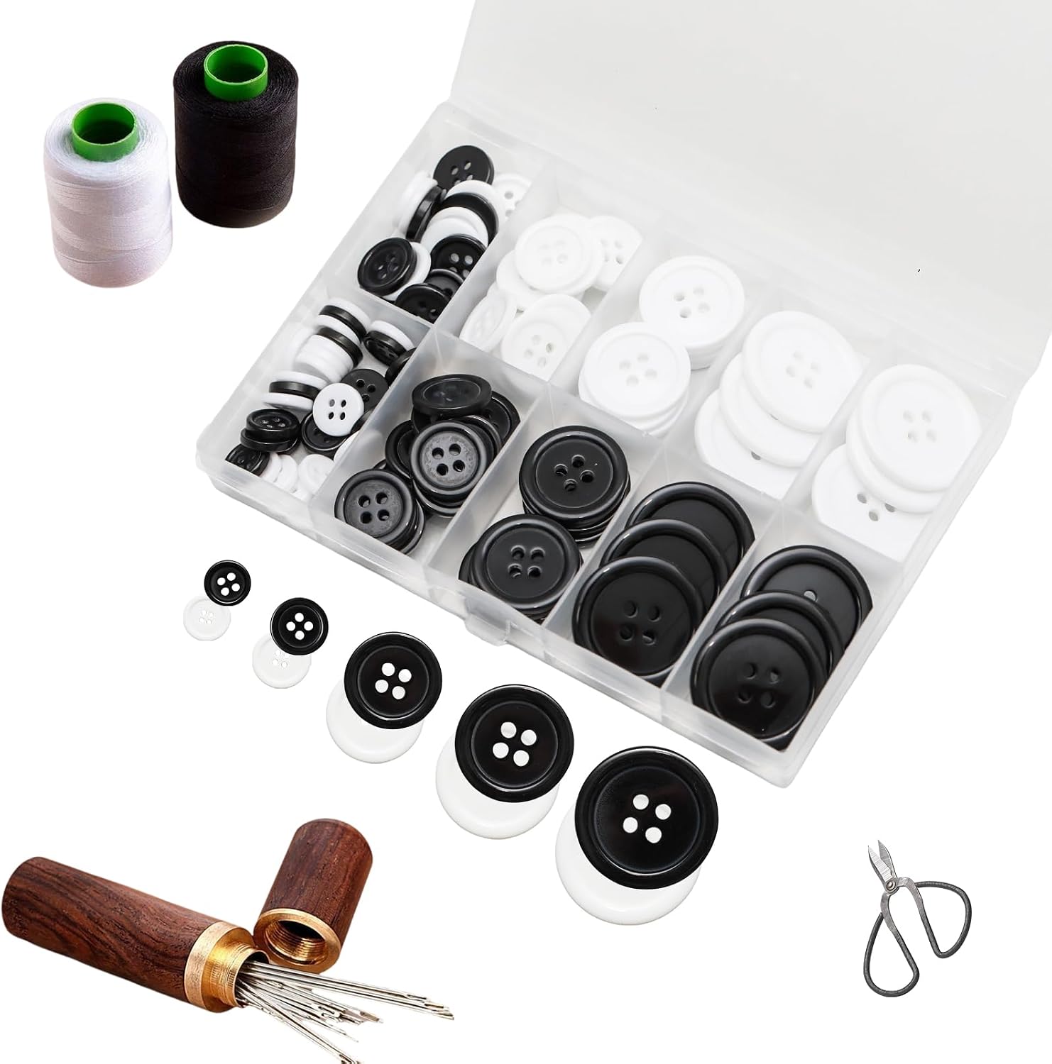 Lilaly 100 pcs Buttons for Crafts Buttons, Button DIY Buttons, Mixed Sewing Buttons, 5 Sizes of Round Mixed Buttons Suitable for for Crafts, Coats, Shirts, Pants, Shorts and More(White & Black)