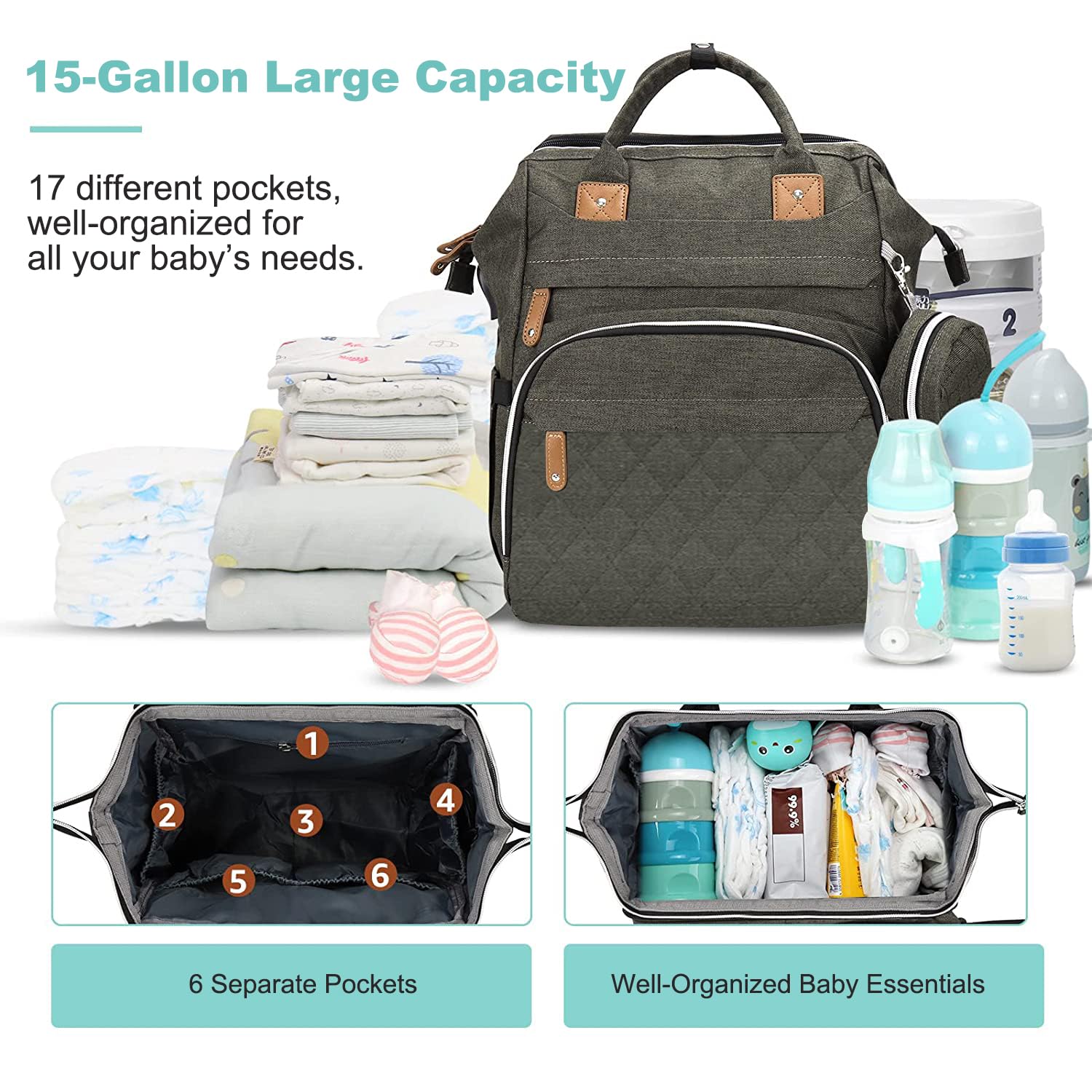 DERJUNSTAR Diaper Bag Backpack, Large Baby Bag with Changing Pad, Thick Padded Back & Straps, Laptop Compartment, Waterproof Travel Backpack with USB Port, Multi-Function for Mom & Dad, Army Green