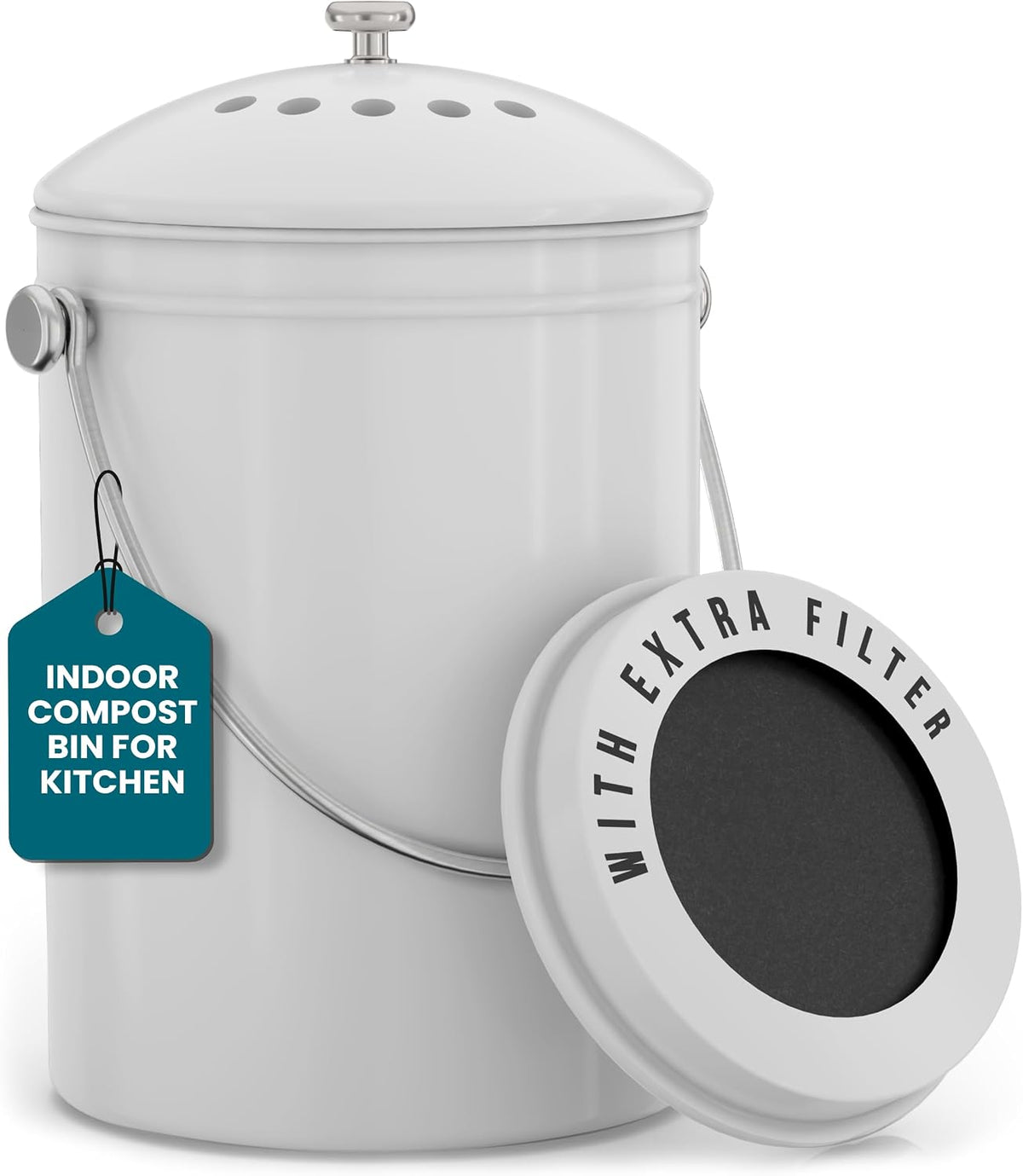 Utopia Kitchen Countertop Compost Bin 1.3 Gallon, Stainless Steel, White