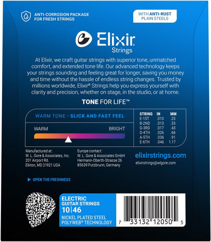 Elixir Strings, Electric Guitar Strings, Nickel Plated Steel with POLYWEB Technology, Longest-Lasting Warm Tone with Comfortable Feel, 6 String Set, Light 10-46