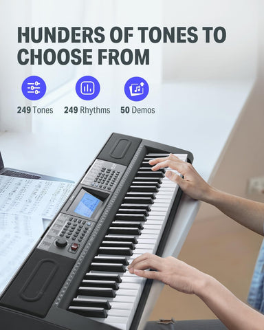 Donner 61 Key Keyboard Piano, Electric Piano Keyboard Kit with 249 Voices, 249 Rhythms - Includes Piano Stand, Stool, Microphone, Gift for Beginners, Black (DEK-610S)
