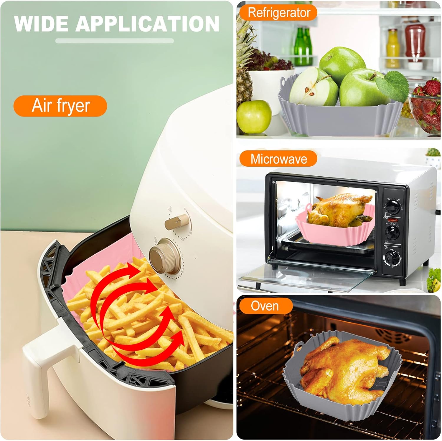 Boribim 2 PCS Square Silicone Air Fryer Liners - 8 Inch Air Fryer Reusable Liners - Kitchen Accessories - AirFryer Inserts for 4 to 7 QT Oven Microwave Accessories (Grey + Pink)
